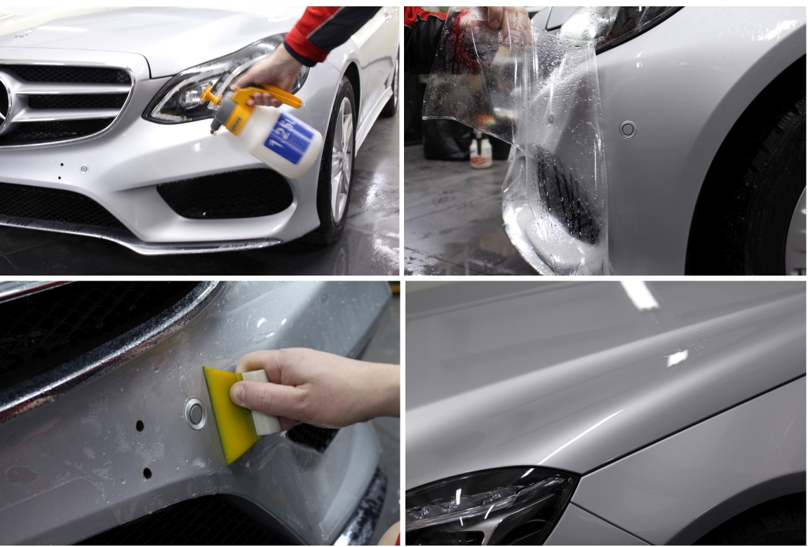 Процесс покрытия бампера автомобиля защитной пленкой
