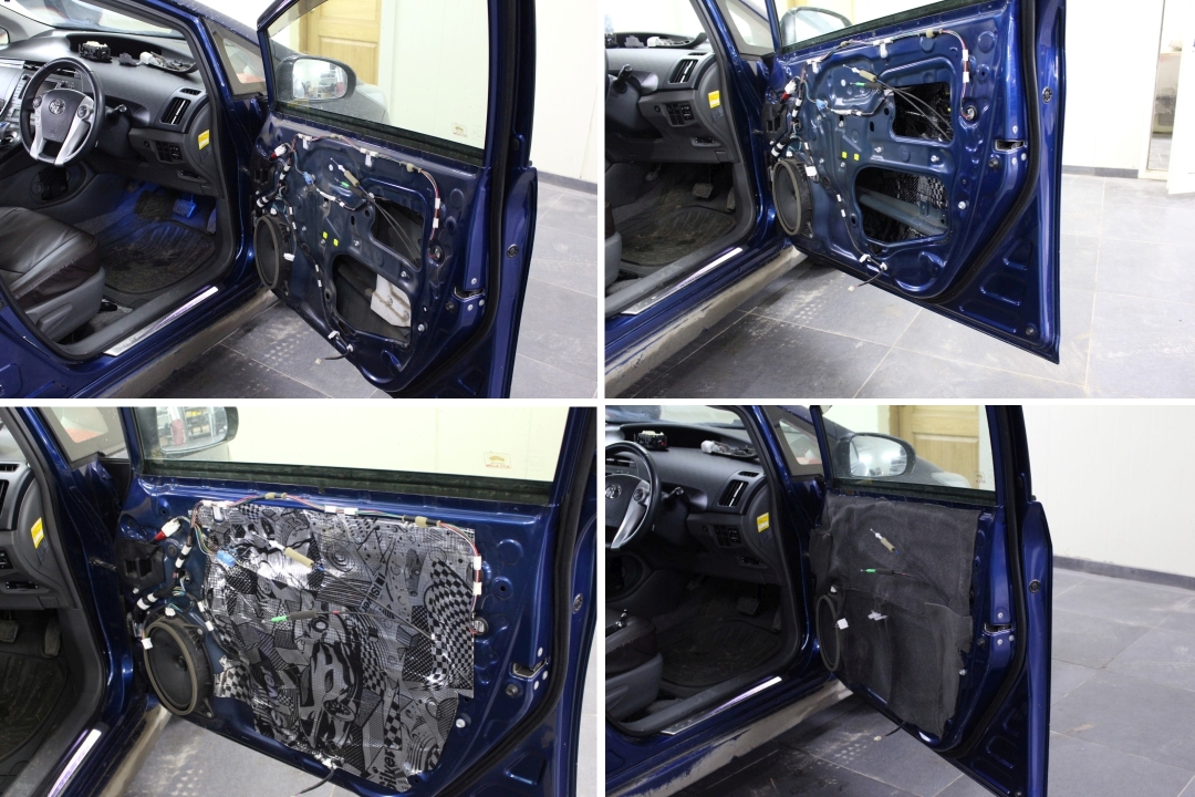Этапы шумоизоляции дверей Toyota Prius 30 в магазине автозвука и аксессуаров kSize.ru